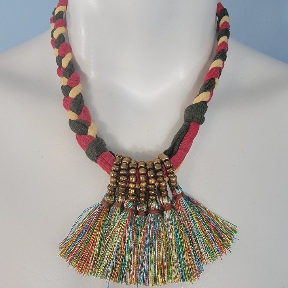 Hand Made silk threads and recycled t-shirt necklace red with colorful tassels